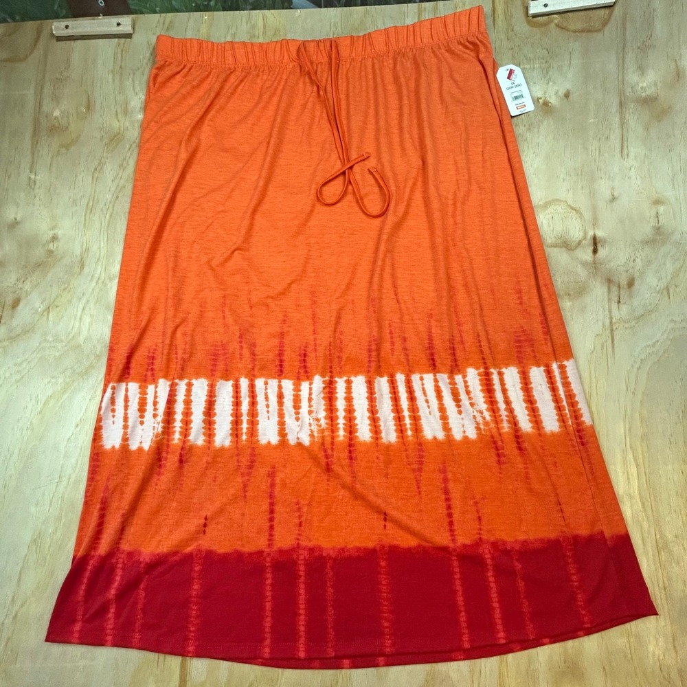 Faded Glory Womens 4X Plus Orange Tie Dye Knit Drawstring Maxi Skirt NWT